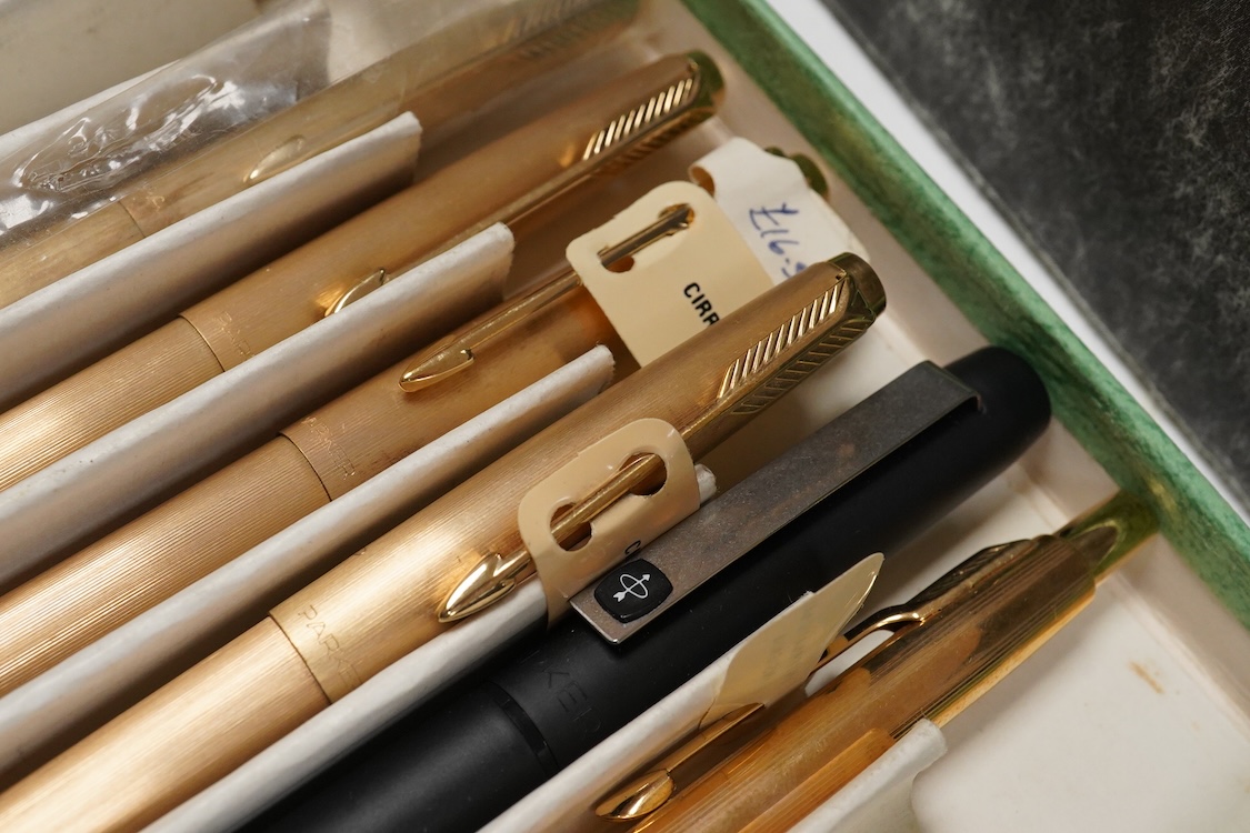 A folder of Parker and Sheaffer pens and ball pens, mostly boxed and a Parker Pen box containing eight items